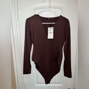 Zara Chocolate Long Sleeve V Neck Bodysuit